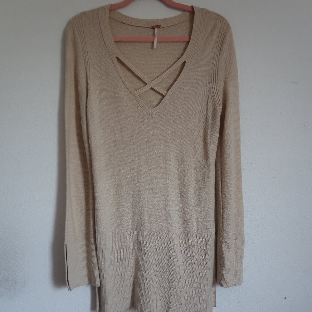 Free People Sweater Criss-Cross Front Knit Tunic Side Slit Linen Blend Cream - Picture 2 of 8